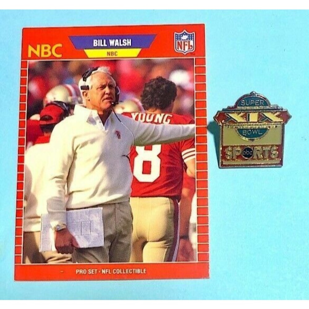 1985 SUPER BOWL XIX  ABC Press Pin  and  1989- Bill Walsh Pro Set Card #30
